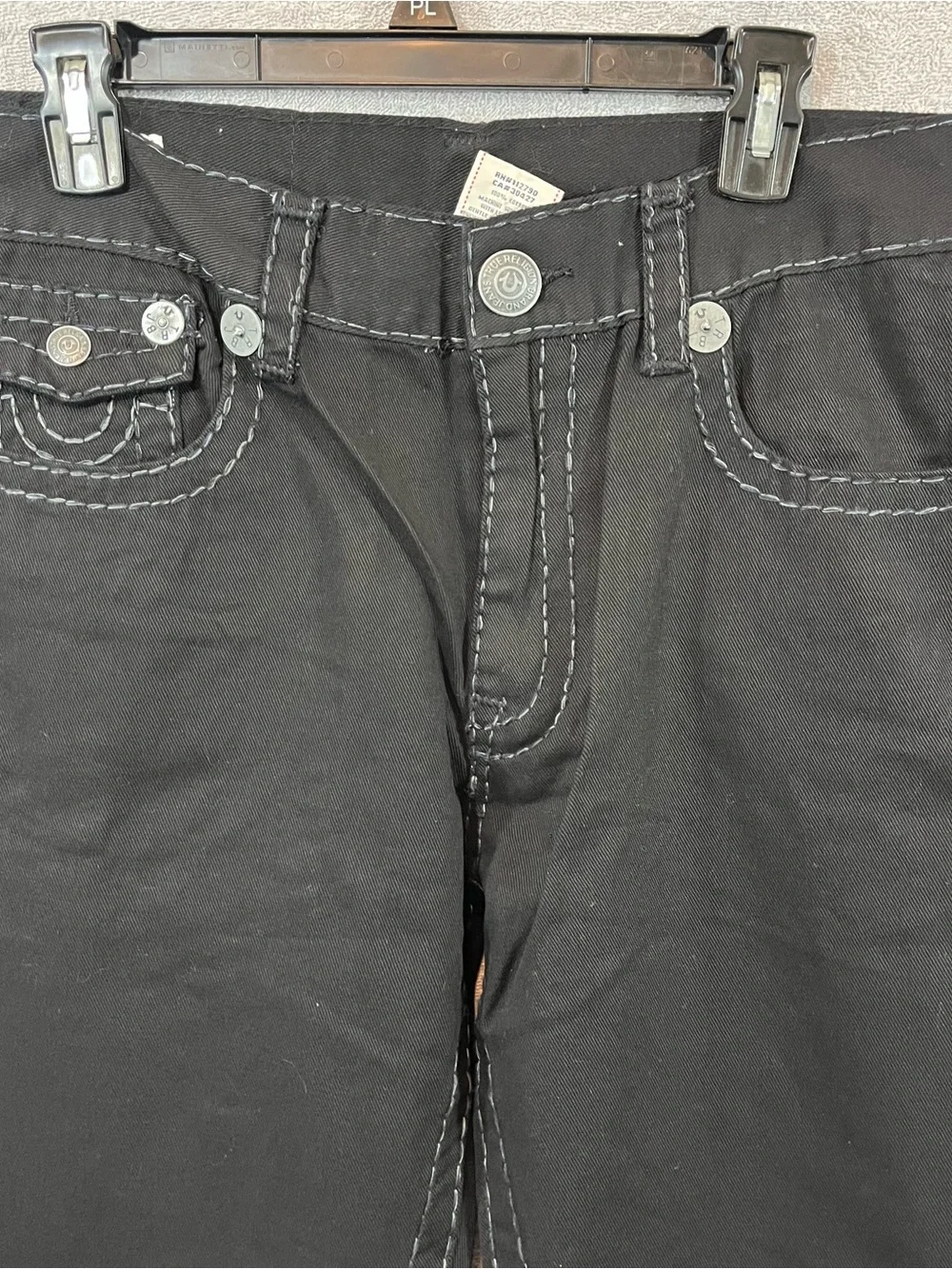 TRUE RELIGION RICKY SUPER T FLAP BLACK JEANS RELAXED STRAIGHT THICK STITCH 36x32